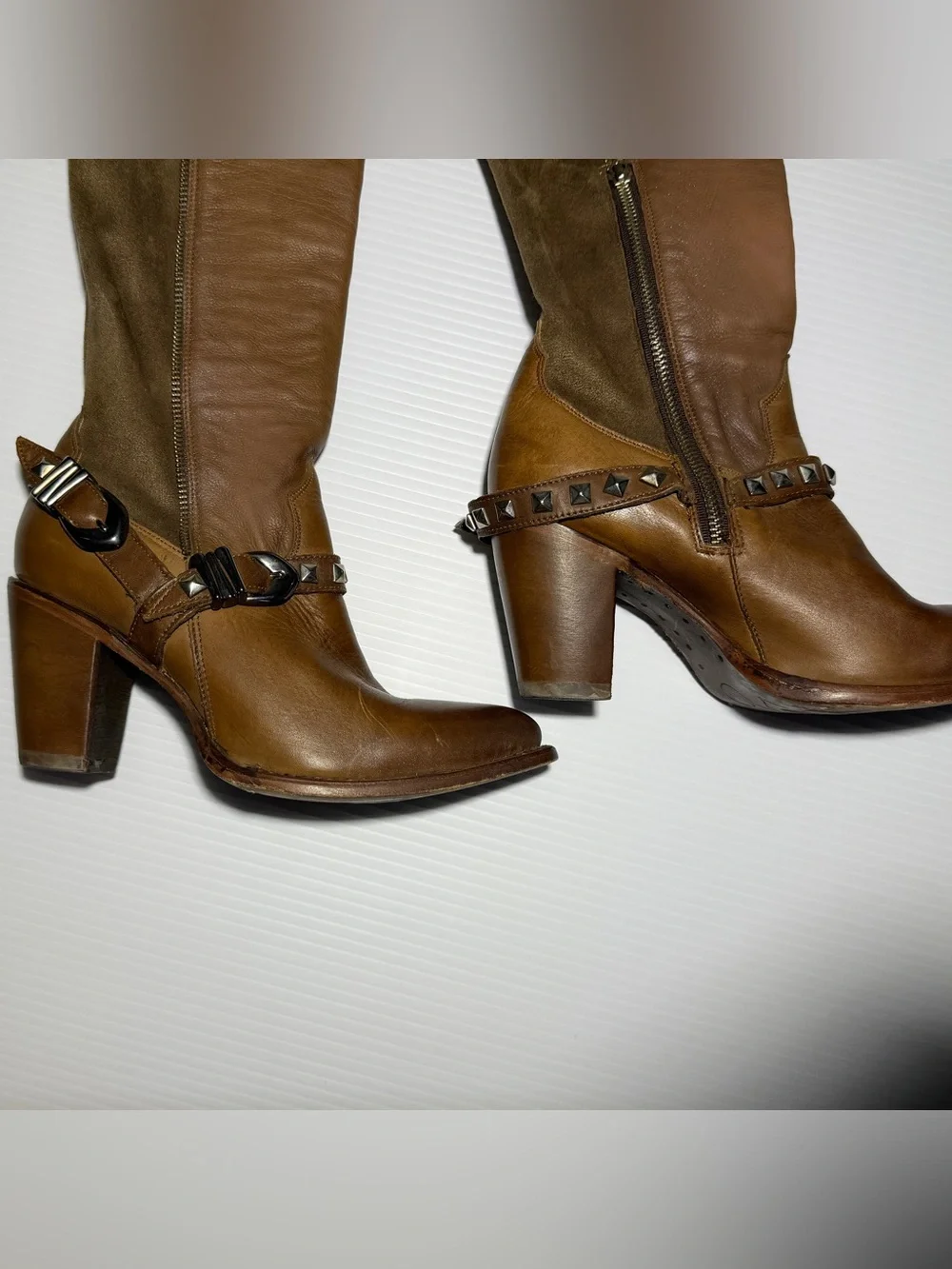 Tall Brown Leather & Suede Over-the-Knee Heeled Boots with Stud Accent